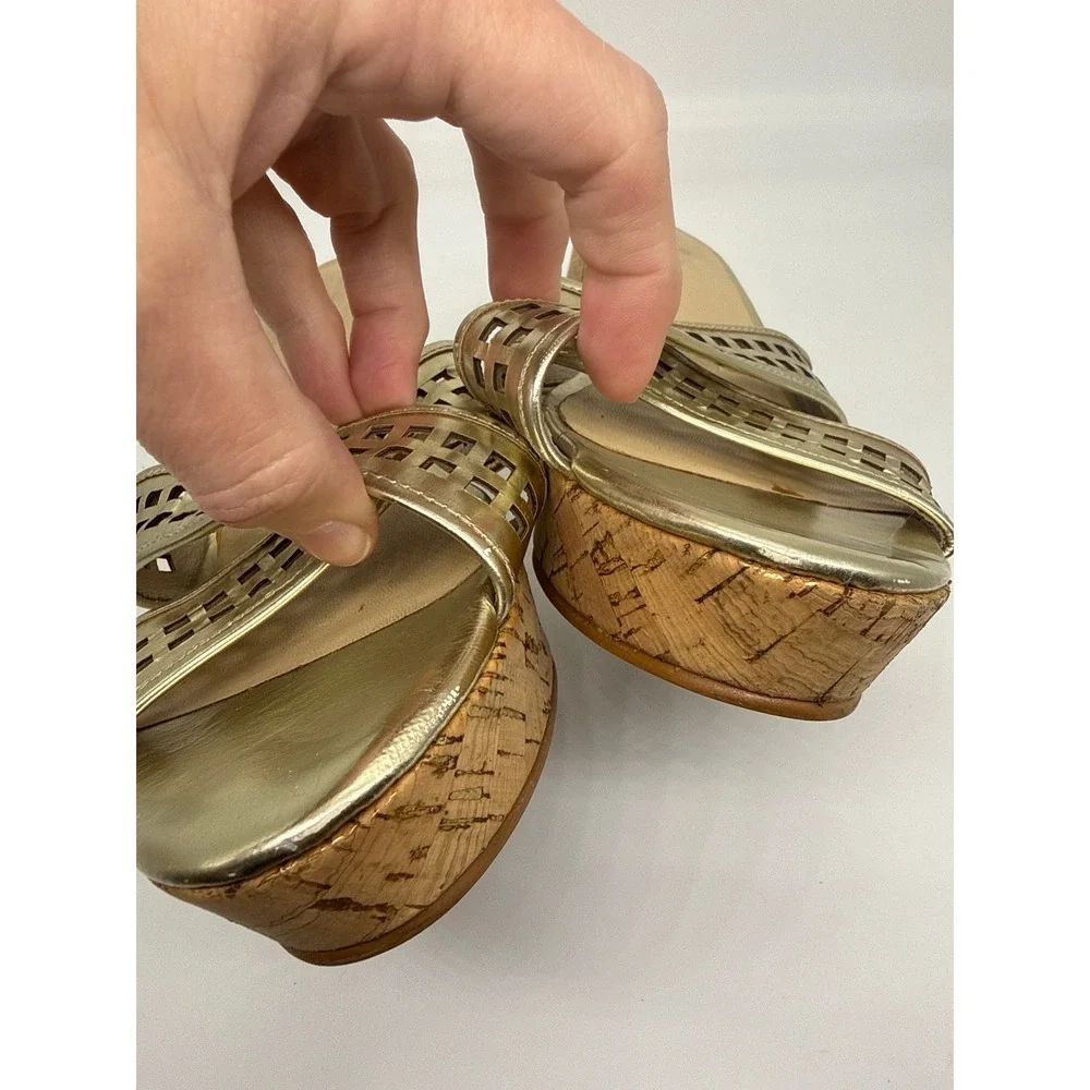 Kate Spade New York Gold Metallic Lattice‎ Cork Wedge Sandals Womens 10M